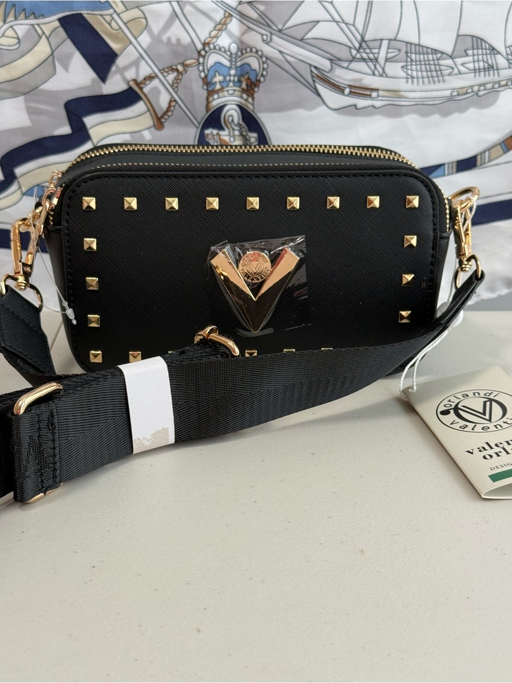 Valentino Orlandi Black Crossbody with Gold Studs NWT